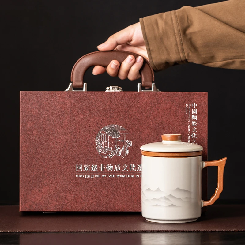 汝窑办公杯茶杯茶水分离水杯男士个人专用陶瓷马克杯杯子高档礼盒