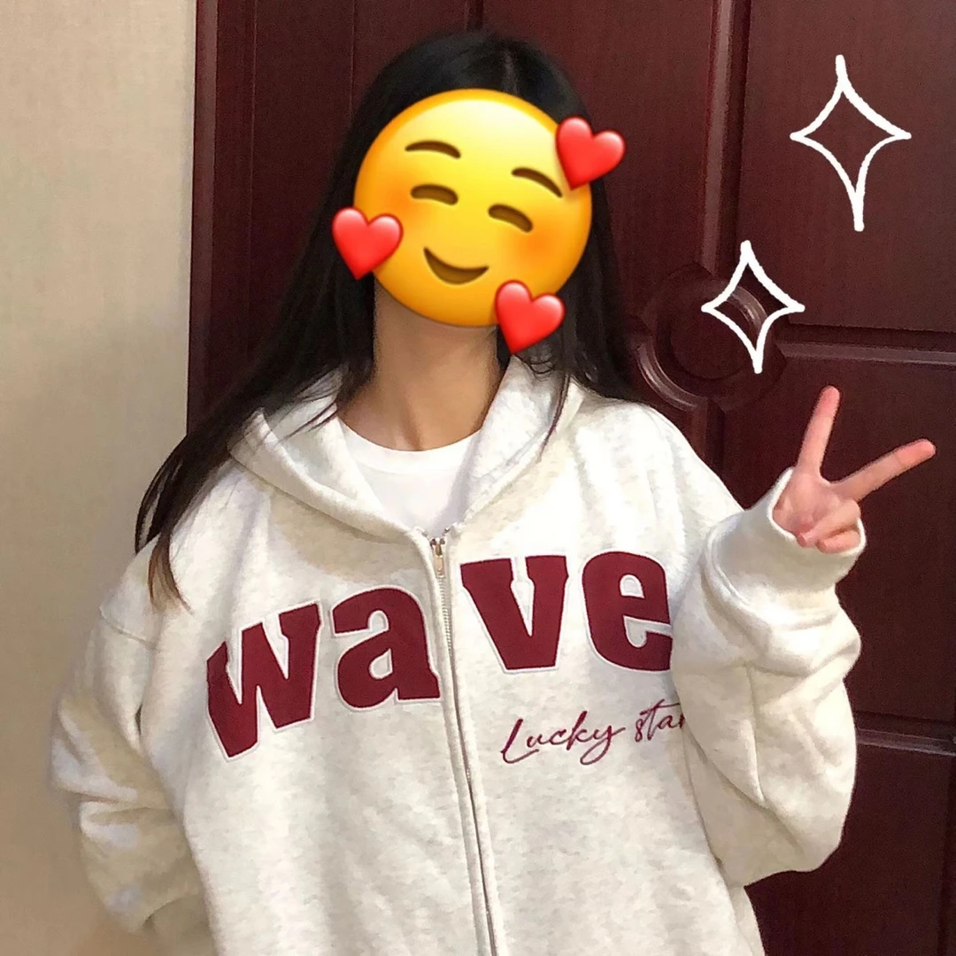 100%纯棉加绒字母刺绣美式复古连帽卫衣女春秋宽松拉链开衫外套