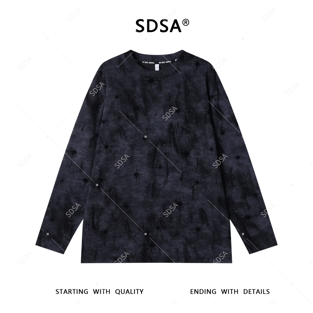 SDSA秋季新款男士痞帅美式扎染植绒简约圆领长袖T恤复古百搭上衣