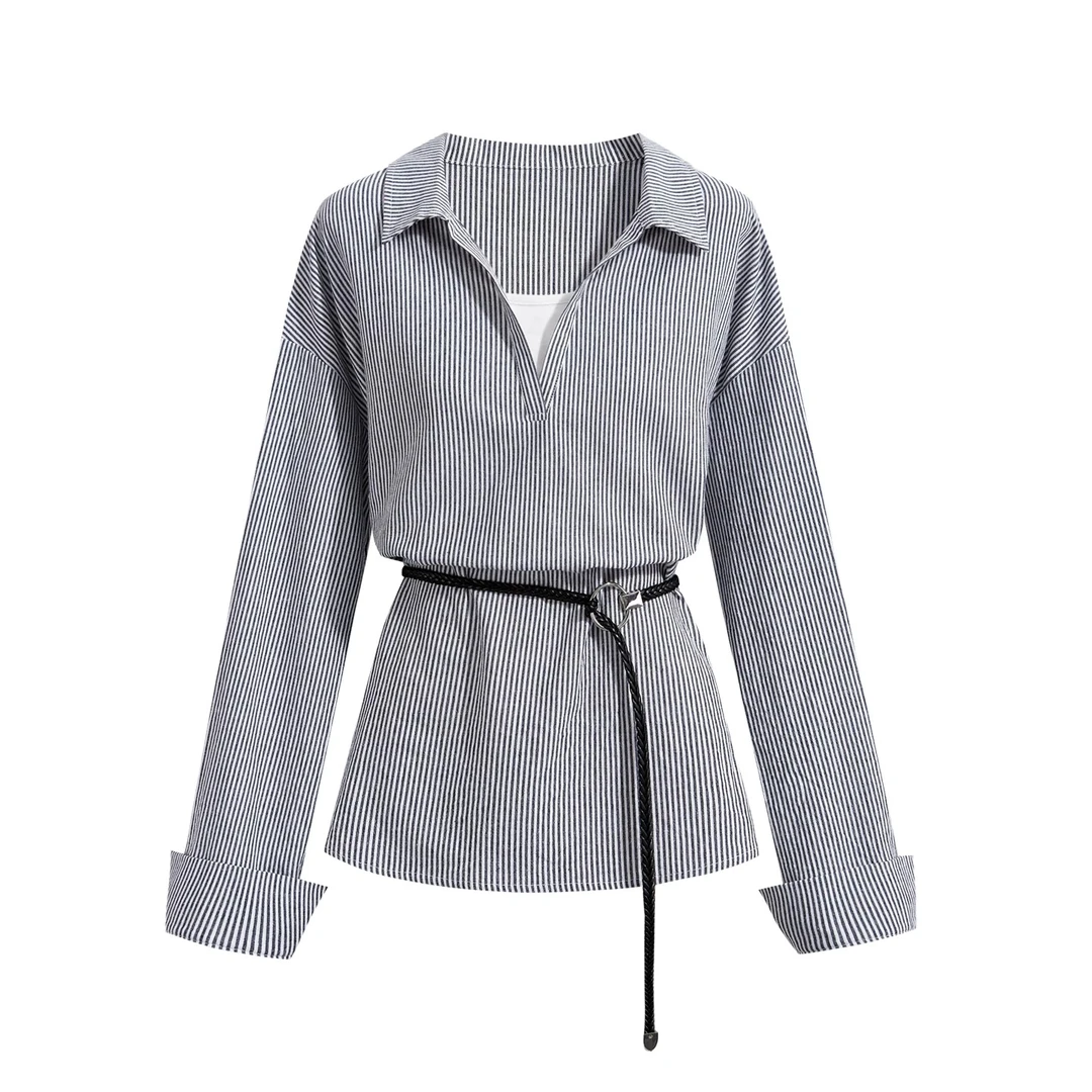【Amy家】微胖mm假两件条纹长袖衬衫女秋季新款设计感撞色拼接上衣