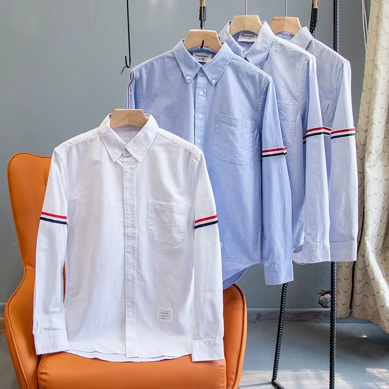 潮款TB衬衫双袖子撞色织带高密棉男女情侣休闲条纹长袖衬衣外套