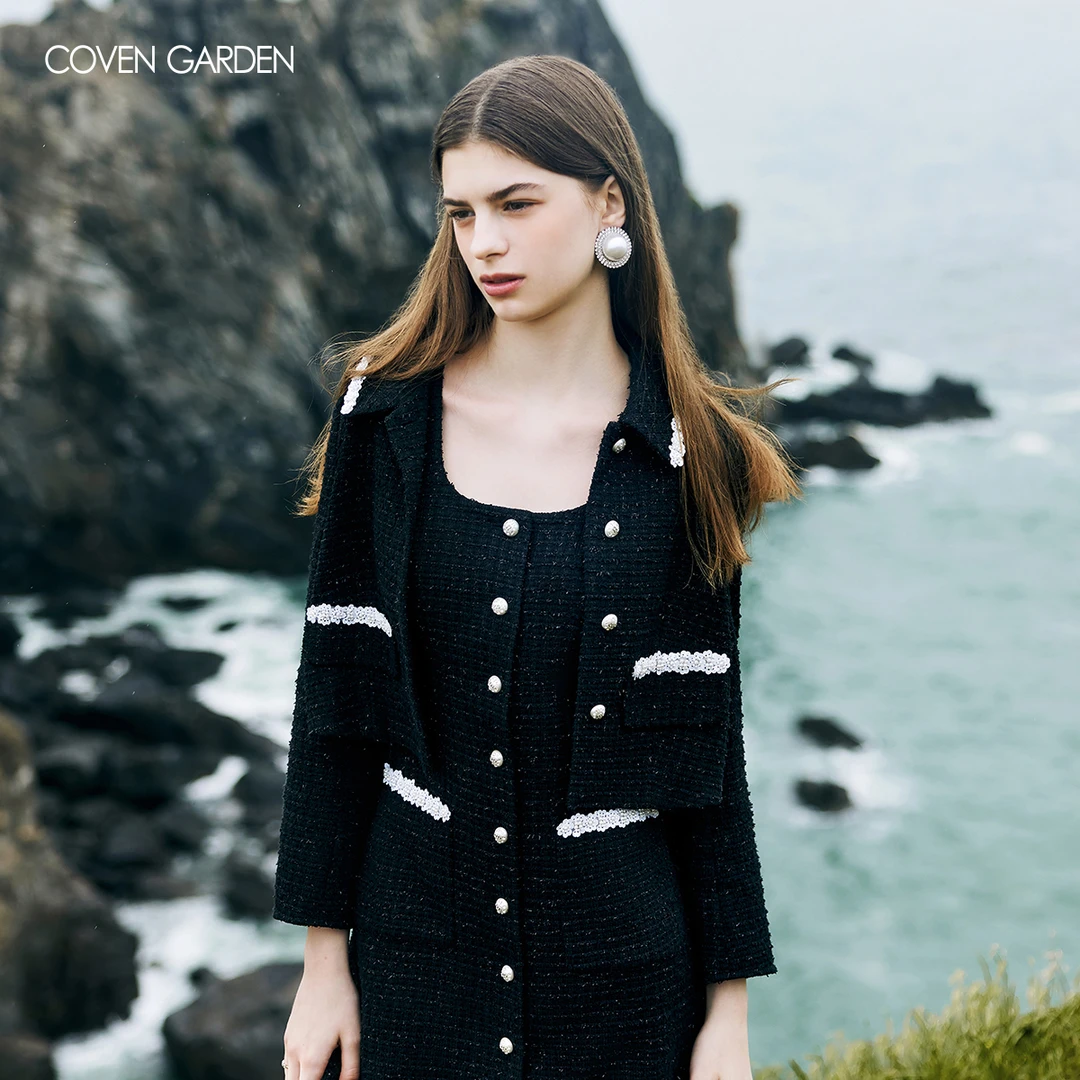 【哥文花园】 小香风黑色花呢短外套 CLA3044240