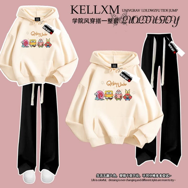 女童2025秋冬季海绵宝宝印花连帽卫衣长裤套装中大童时髦两件套潮