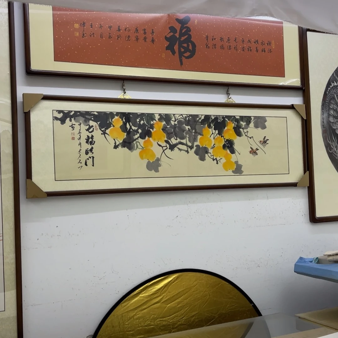 国画七福临门四尺对开成品画框一幅
