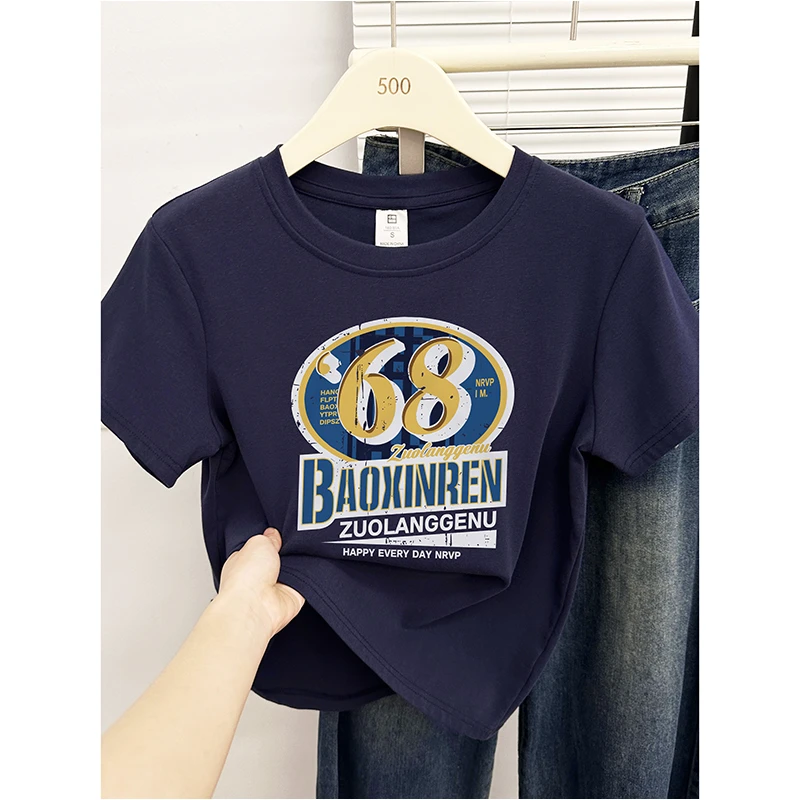 字母潮牌印花正肩短袖T恤女夏季2025新款休闲圆领半袖体恤衫上衣