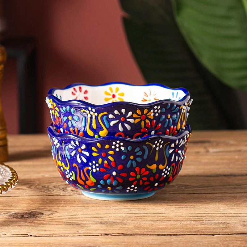 新疆包邮【海洋之谜】手绘堆料高温釉下彩防烫防滑5英寸米饭碗四个