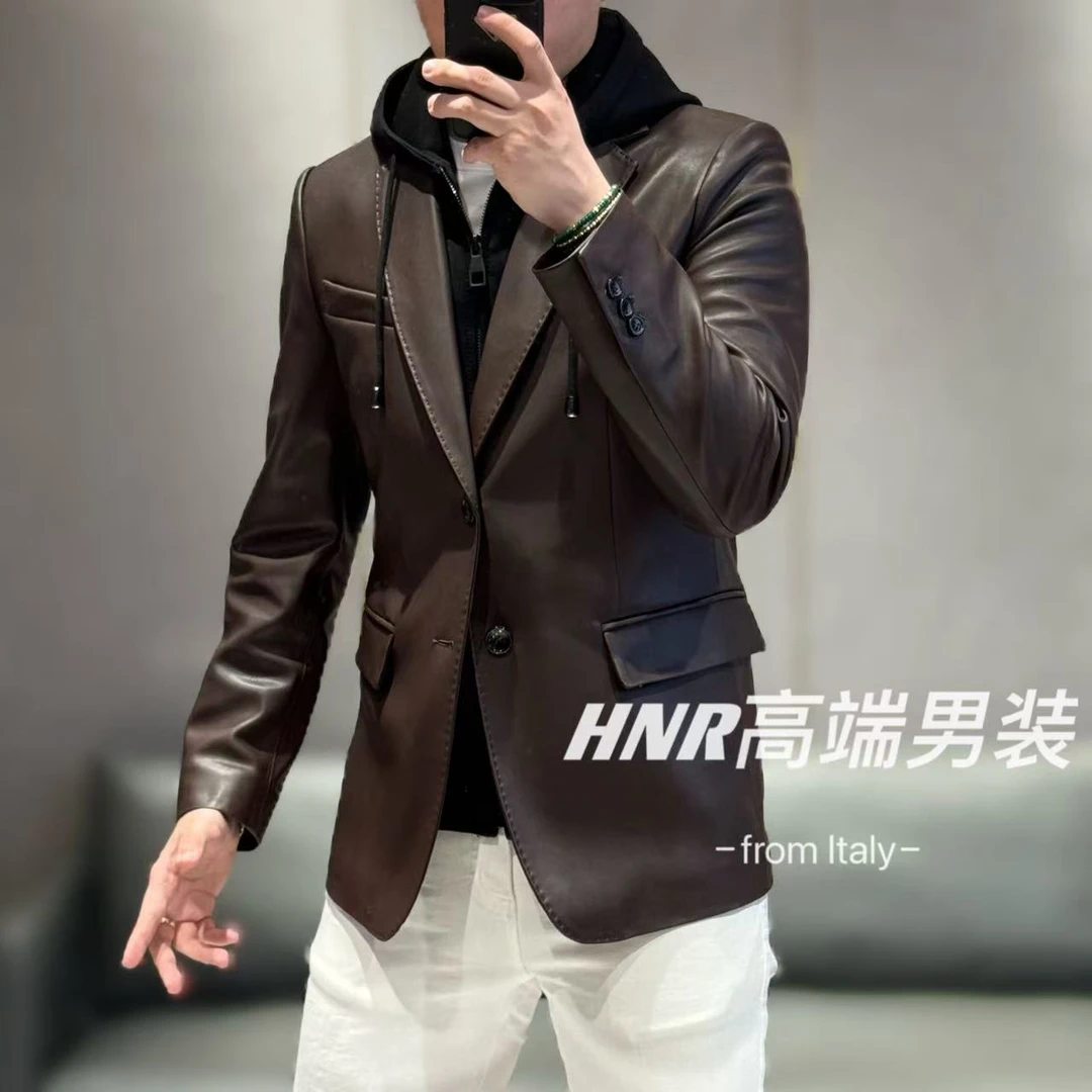 【绵羊皮】高端男士真皮羊皮小西装可拆卸帽领设计休闲24077