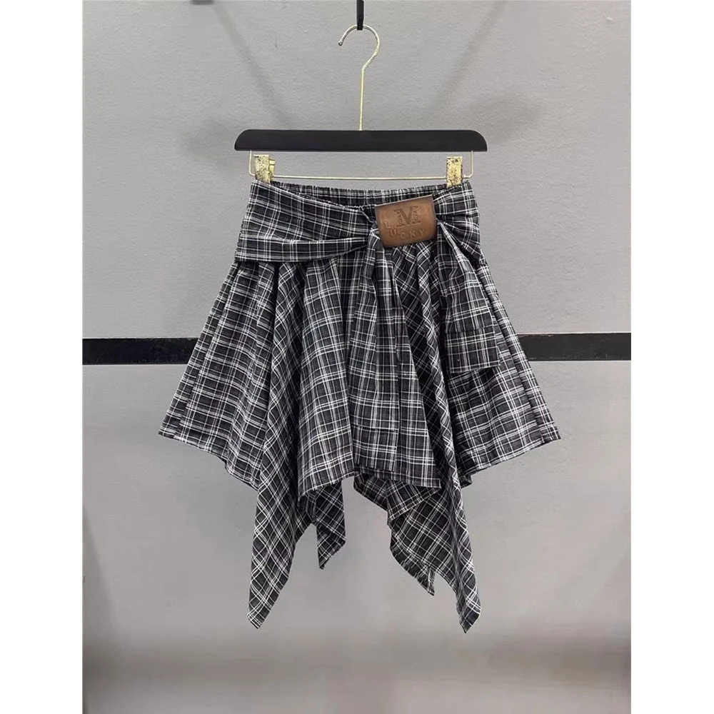 【现货】不规则格子半身裙女2025年夏季新款绑带衬衫短裙显瘦A字裙