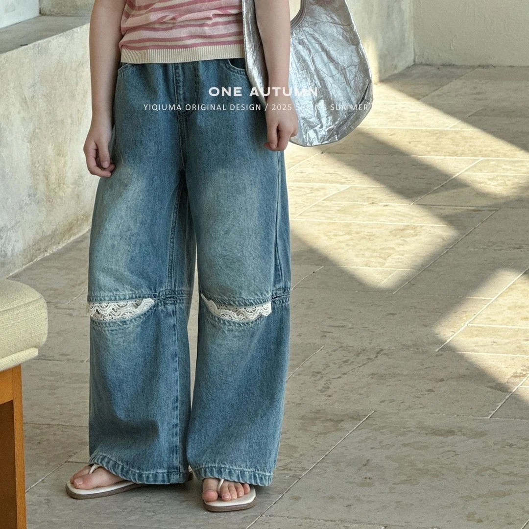 2025春装新款女童韩版破洞蕾丝拼接牛仔裤中小儿童直筒休闲裤子潮