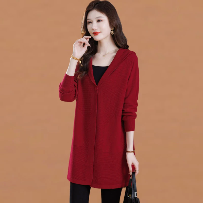 洋气连帽中长款针织衫开衫女2025年秋装外搭大码宽松休闲毛衣外套