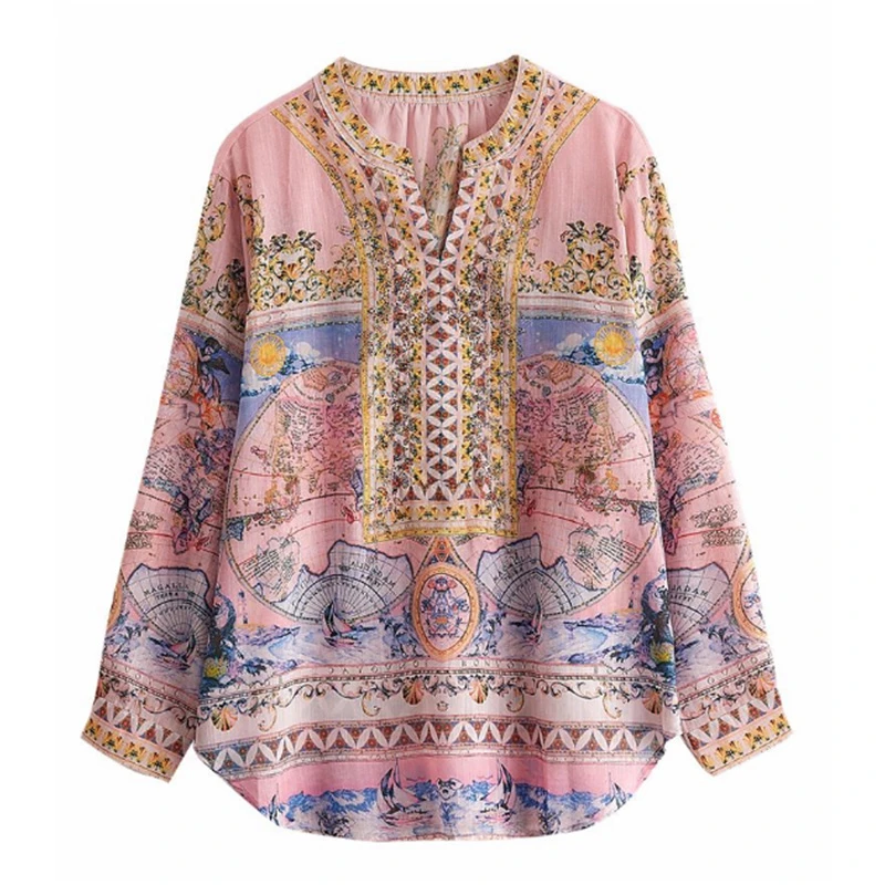 【香港中奢COCO】现代风V领显瘦遮肚印花拼色碎花衬衣B103