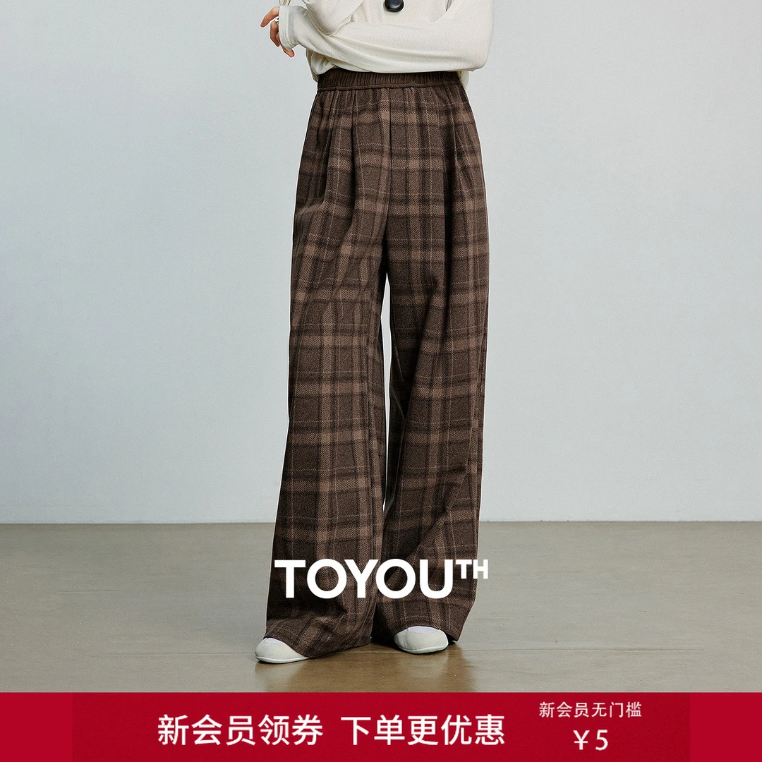 初语休闲裤女2025冬季新款磨毛格纹阔腿裤松紧腰复古游牧风长裤