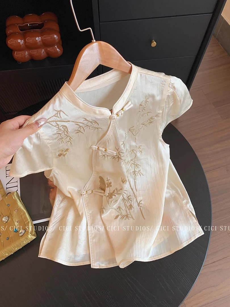 新中式竹叶刺绣缎面短袖衬衫女装夏季复古气质高级感显瘦小衫上衣