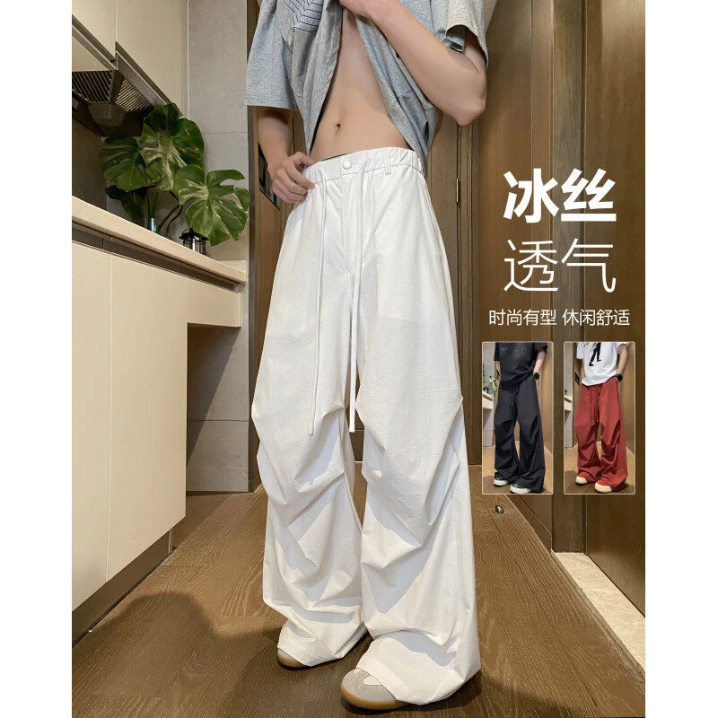 白色美式工装裤男夏季2025新款高腰降落伞裤爵士休闲阔腿运动裤子