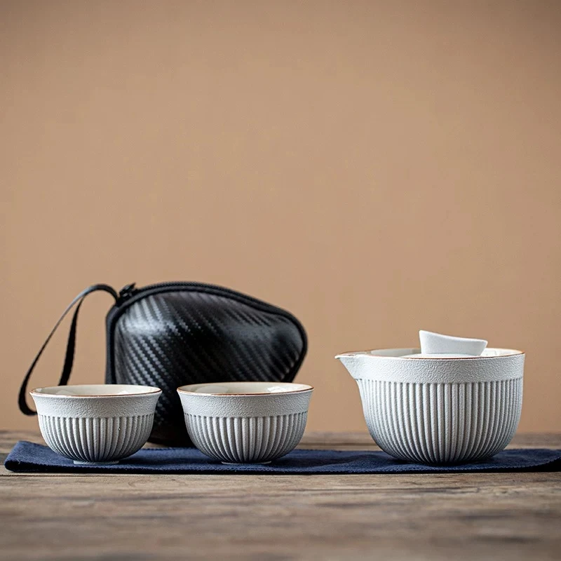 Y—081竖纹白路宝一壶两杯旅行茶具套装户外家用