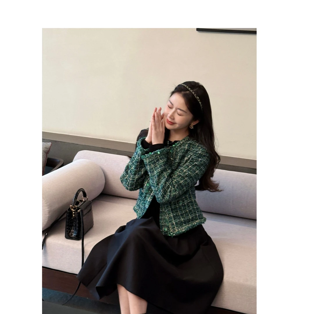 syna希娜 经典复古格纹设计显瘦绵羊毛小香风外套