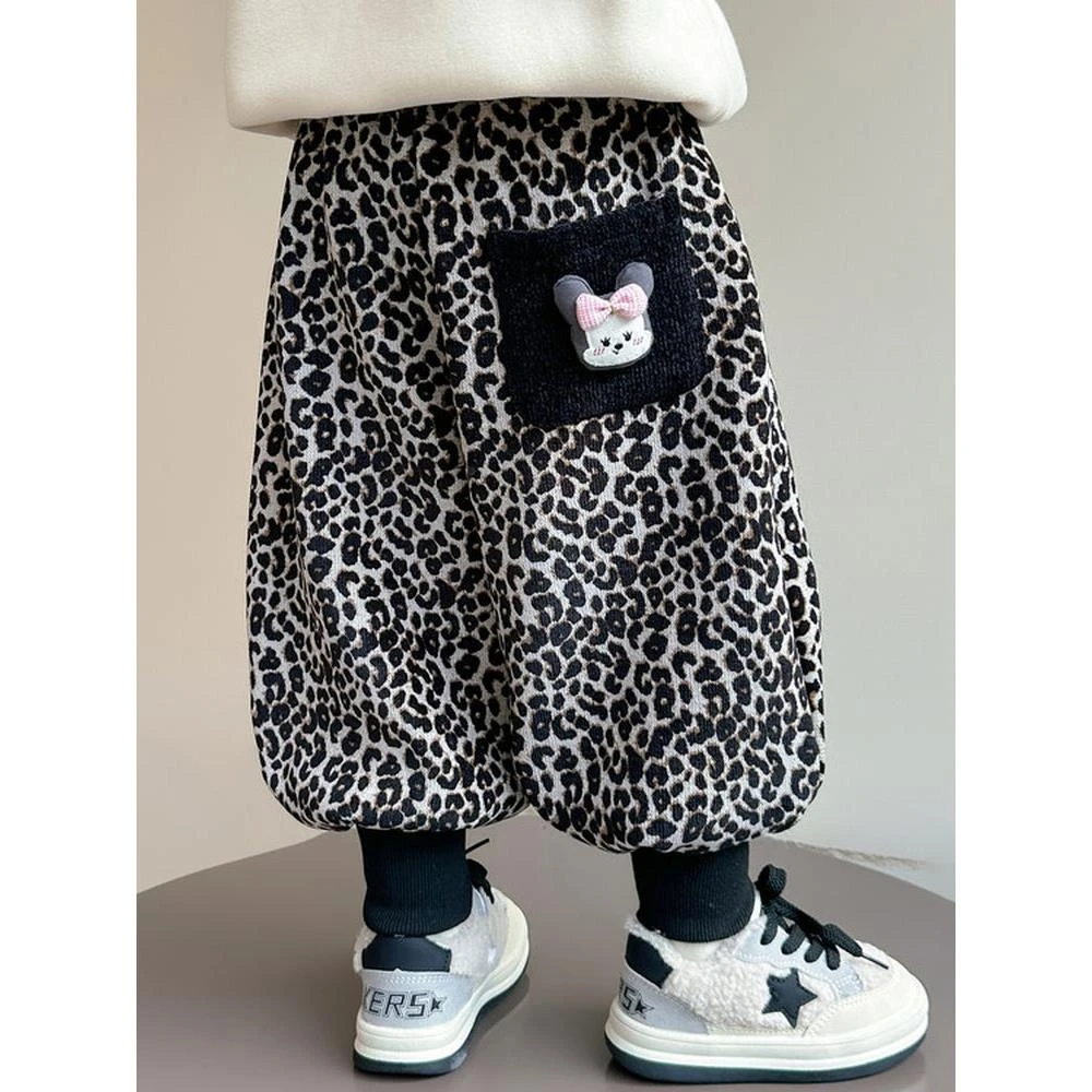 女童加绒豹纹裤秋冬款一体绒女宝宝休闲卫裤时髦小女孩加厚裤子潮