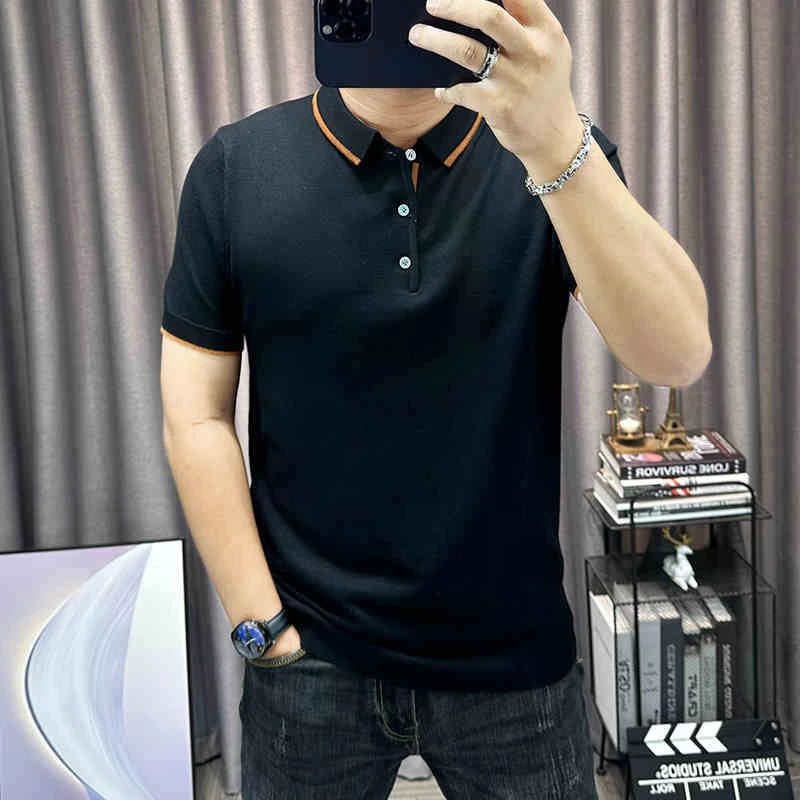 短袖毛衣男2025春秋新款简约翻领休闲针织衫男士修身半袖打底衫潮
