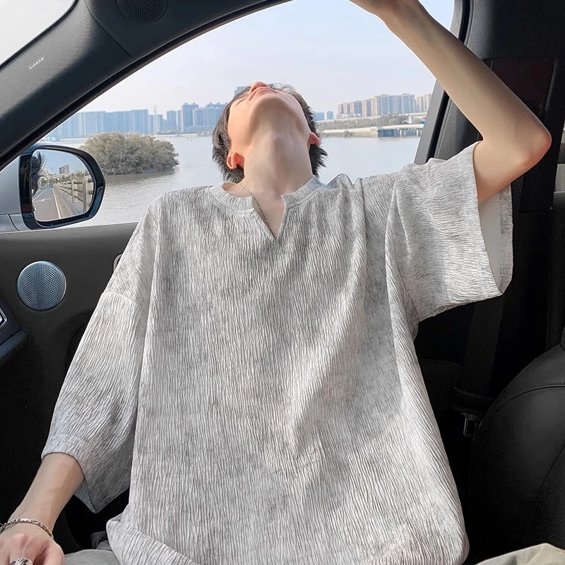 冰丝短袖t恤男夏季宽松休闲v领半袖2025新款美式潮流青年扎染体恤