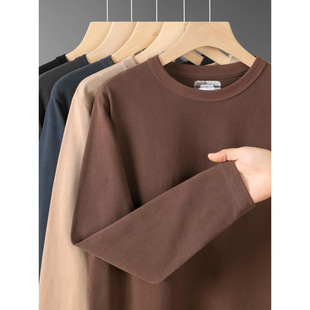 日系300g重磅滚领长袖T恤加厚男士秋冬季纯色覆古百搭厚实卫衣