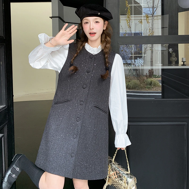 名媛小香风亮片毛呢背心裙套装女2025早春新款气质衬衫短裙两件套