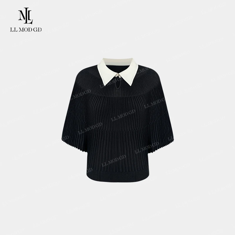 个性风潮 撞色POLO领法式百搭蝙蝠袖斗篷式莱赛尔上衣YL-261619