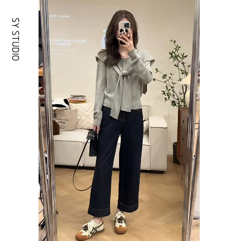 VOCKOO官方春款套装女2025新款爆款韩系穿搭气质针织衫直筒九分牛