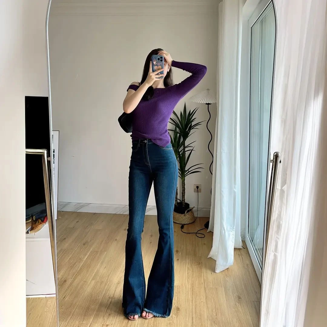 性感辣妹风显瘦高腰弹力微喇裤春秋季紧身修身深蓝色牛仔裤