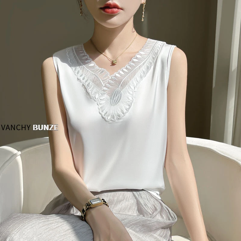 BUNZE 夏季丝滑吊带背心女外穿新款缎面无袖打底衫宽松蕾丝拼接西