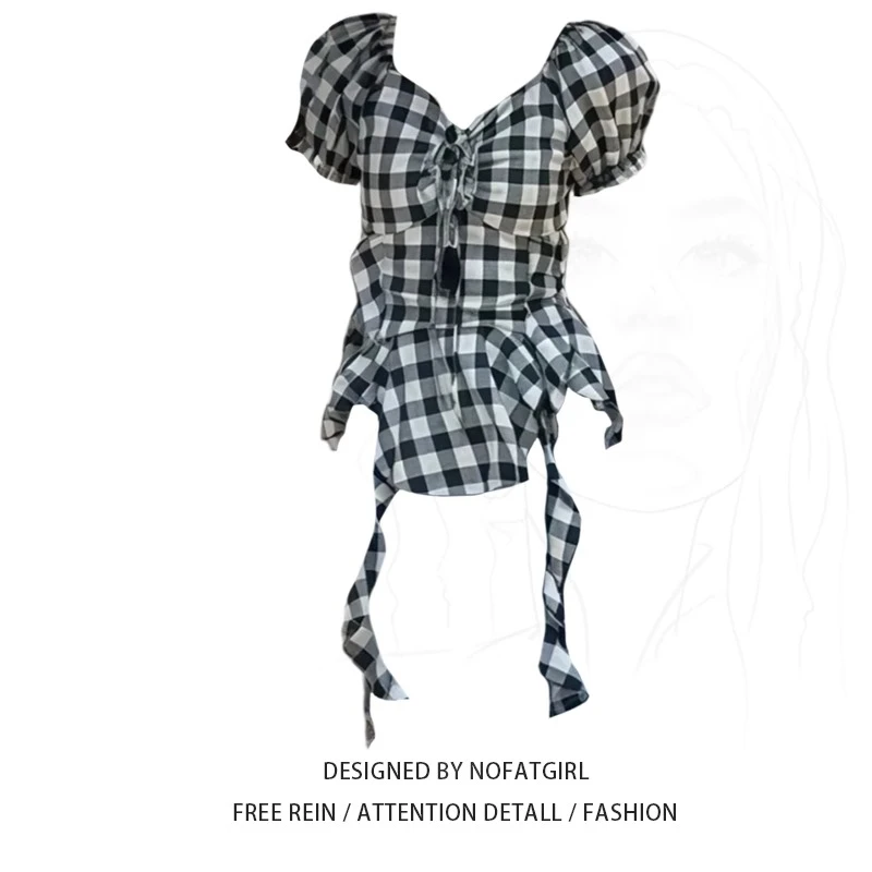 大码胖MM法式复古格纹泡泡袖衬衫女夏季新款修身显瘦飘带别致上衣