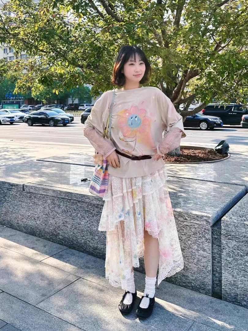 新款少女梦幻涂鸦蕾丝蛋糕不规则半身裙