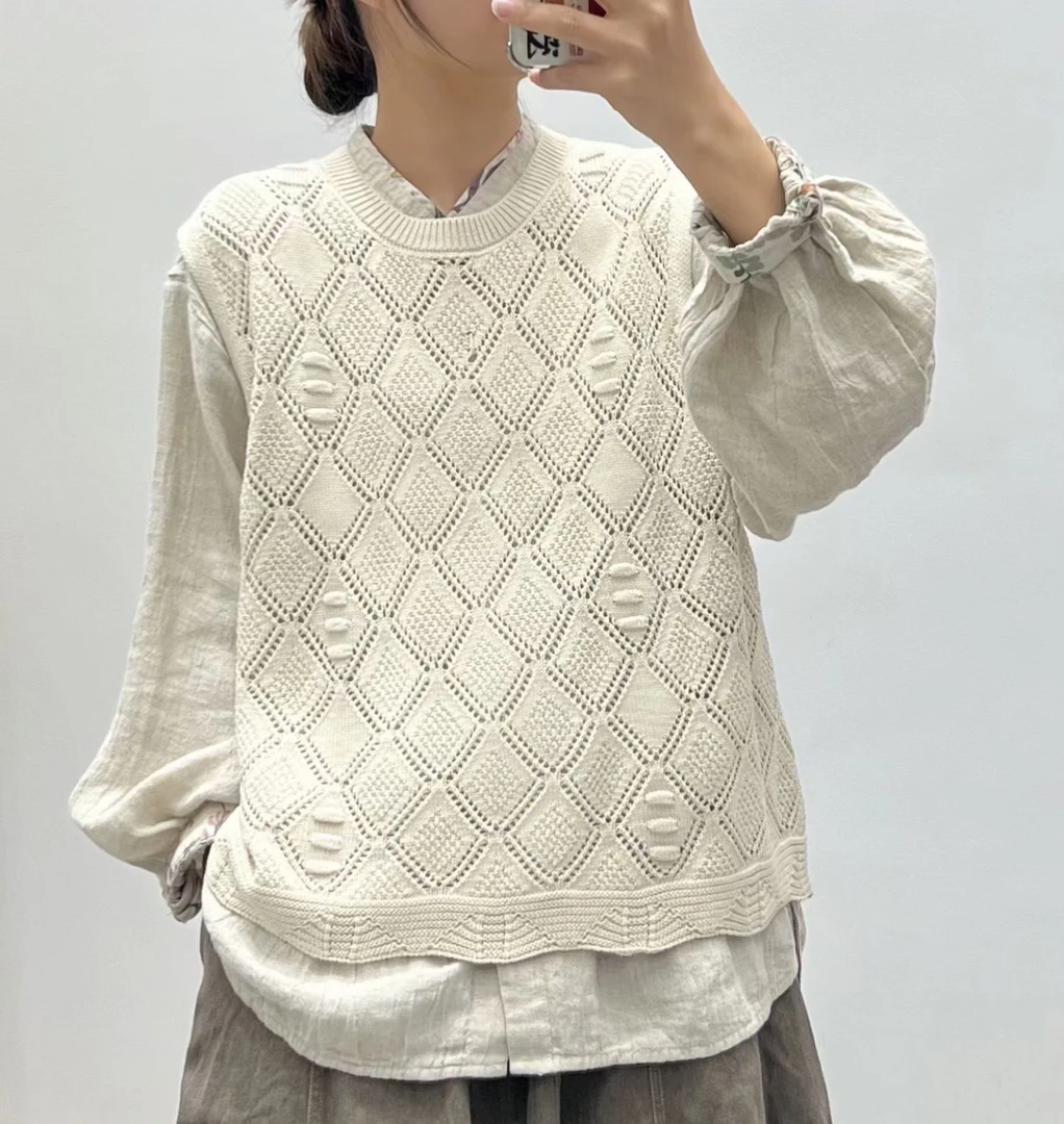 川渝暴龙鳞片镂空针织马甲圆领棉线免烫百搭女上衣秋季坎肩外搭