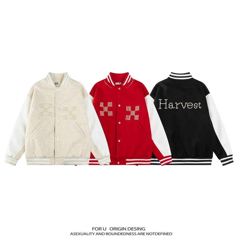 FOR U 美式复古棒球服春秋季棋盘格珍珠夹克外套宽松百搭棒球服