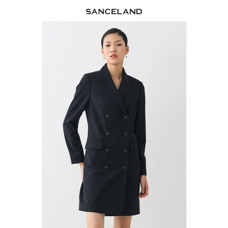 SANCELAND三石一澜秋黑色长袖H型短款羊毛西装连衣裙SG34101063
