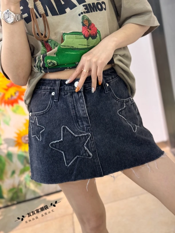 【友友家】洋气时髦黑灰色短裤裙辣妹牛仔时尚百搭复古毛边设计感