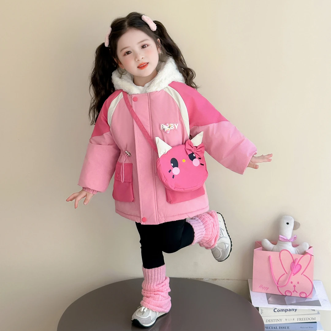 女童加绒外套中长款秋冬洋气女宝宝加厚派克服时髦小童夹棉上衣潮