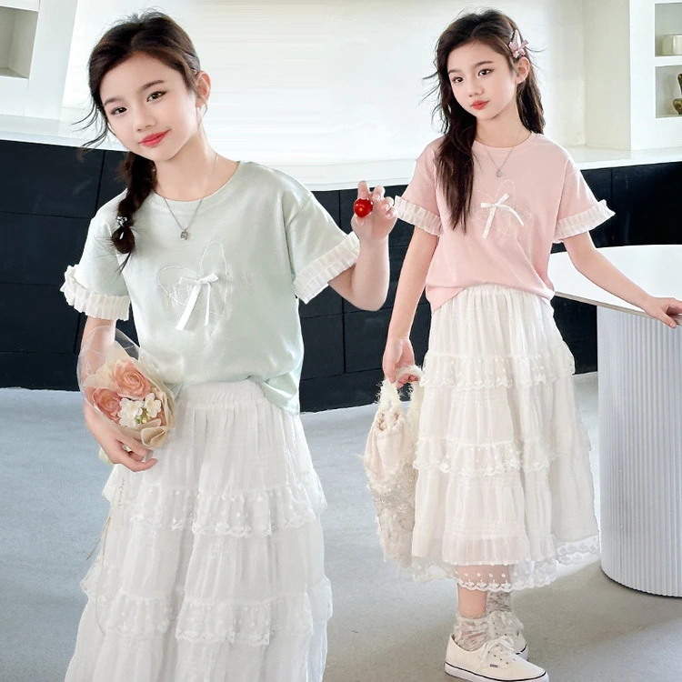 2025新款夏天中大童短袖t恤蕾丝裙套装甜美夏季女童公主洋气裙子