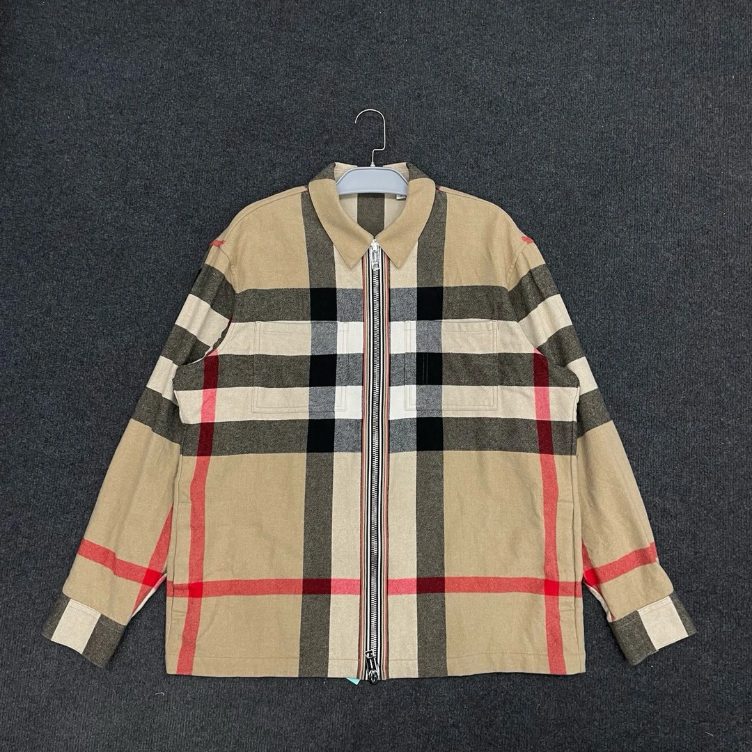 99新 BURBERRY/博柏利 粗格纹拼接条纹羊毛外套/尺码L