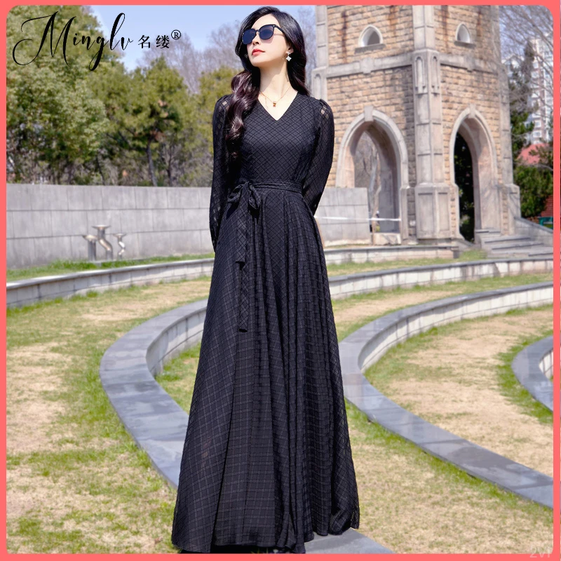 2025新款女装秋季欧美高个子高端气质超长款到脚踝拖地长裙洋装