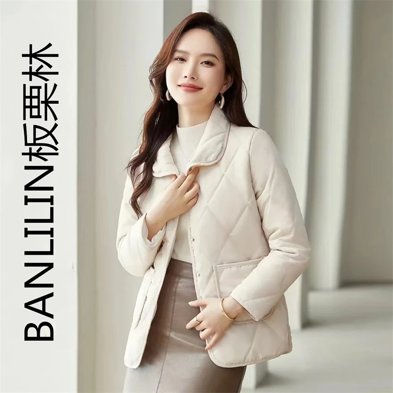 女士翻领棉服短款2025菱形格薄款夹棉秋冬外套棉衣