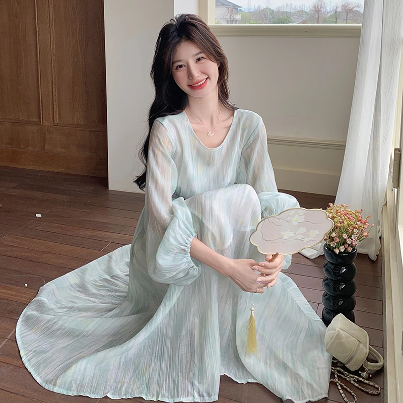 温柔风蓝色扎染连衣裙女早秋新款韩系法式收腰灯笼袖气质过膝长裙