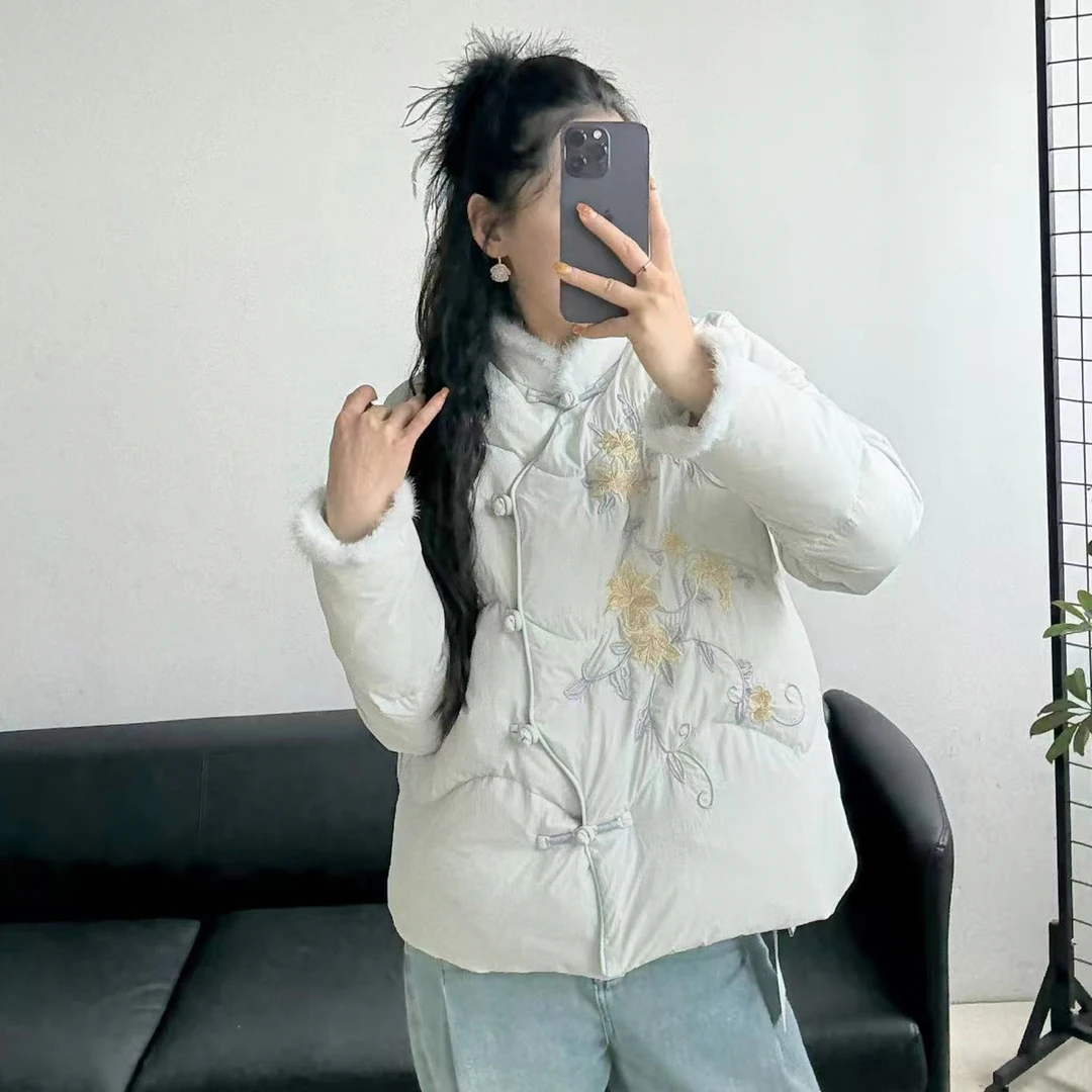 麻印女神冬季新品复古中式刺绣羽绒立领盘扣水貂毛设计保暖羽绒服