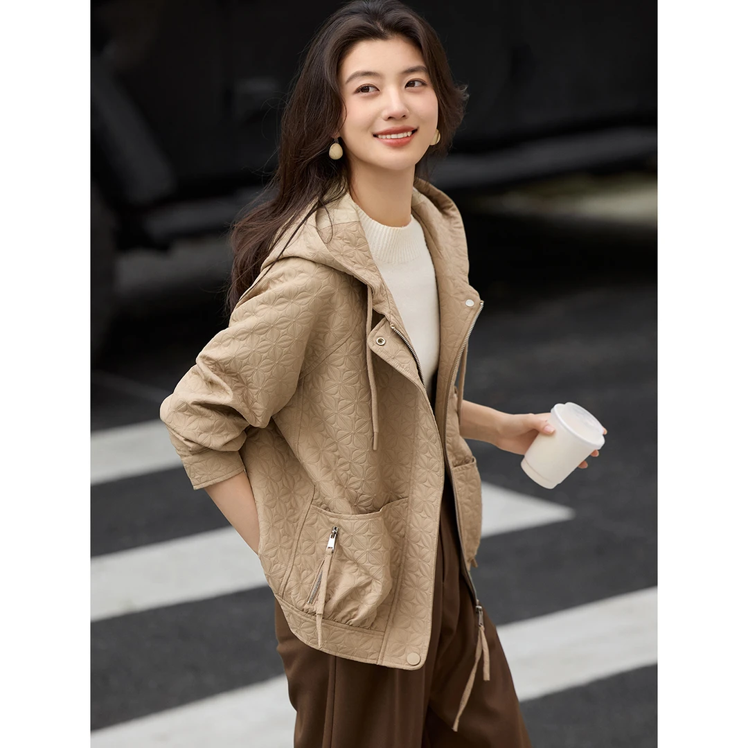 XWI/欣未轻休闲连帽肌理提花外套25秋季新款时尚百搭宽松女装5362