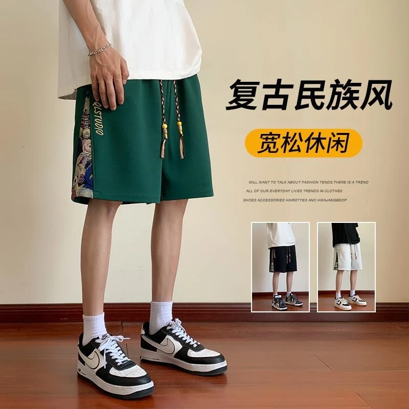 日系复古小熊刺绣休闲短裤男夏季潮牌情侣宽松阔腿百搭运动五分裤