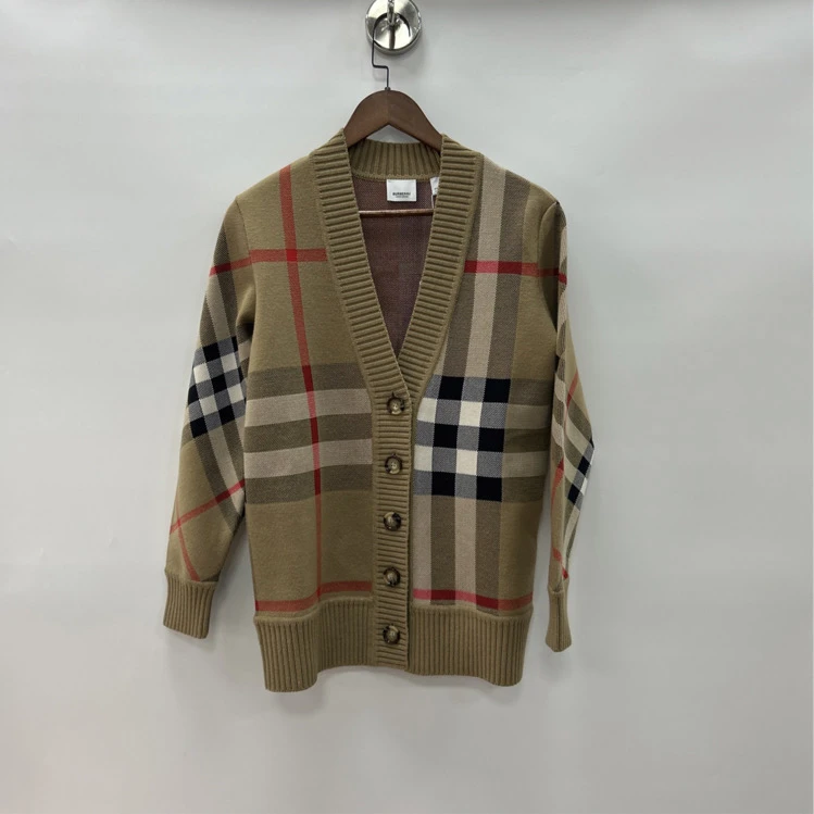 99新 BURBERRY/博柏利 【双双】经典格纹美利奴V领开衫 XXS
