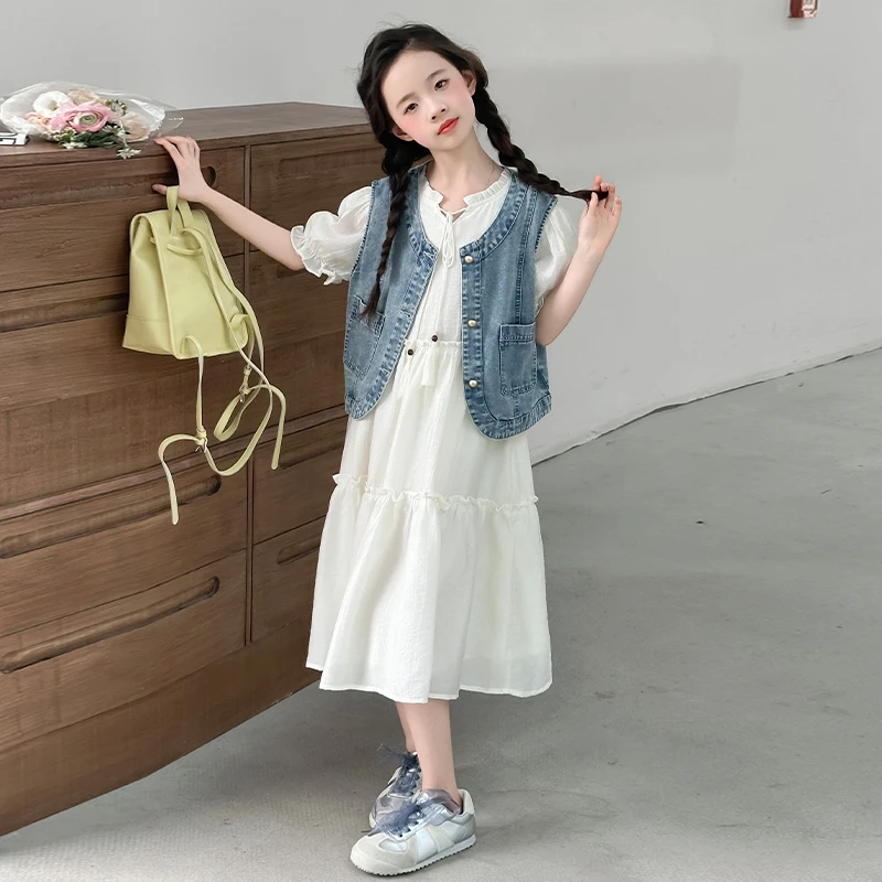 女童夏季雪纺连衣裙+牛仔马甲夏季两件套裙2025新款甜美小女孩裙