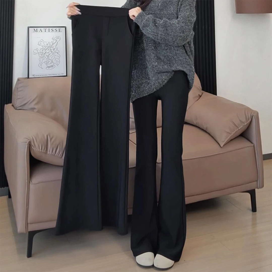 黑色加绒微喇西装裤女2025新款秋冬胖mm大码垂感休闲小个子喇叭裤