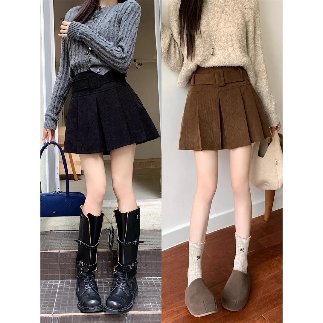 大码女装2024秋冬新款显瘦褶皱厚款灯芯绒百褶短裙1656