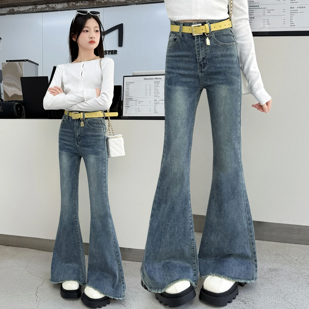 女童喇叭裤秋季2025新款儿童毛边牛仔裤修身弹力洋气大童微喇裤潮