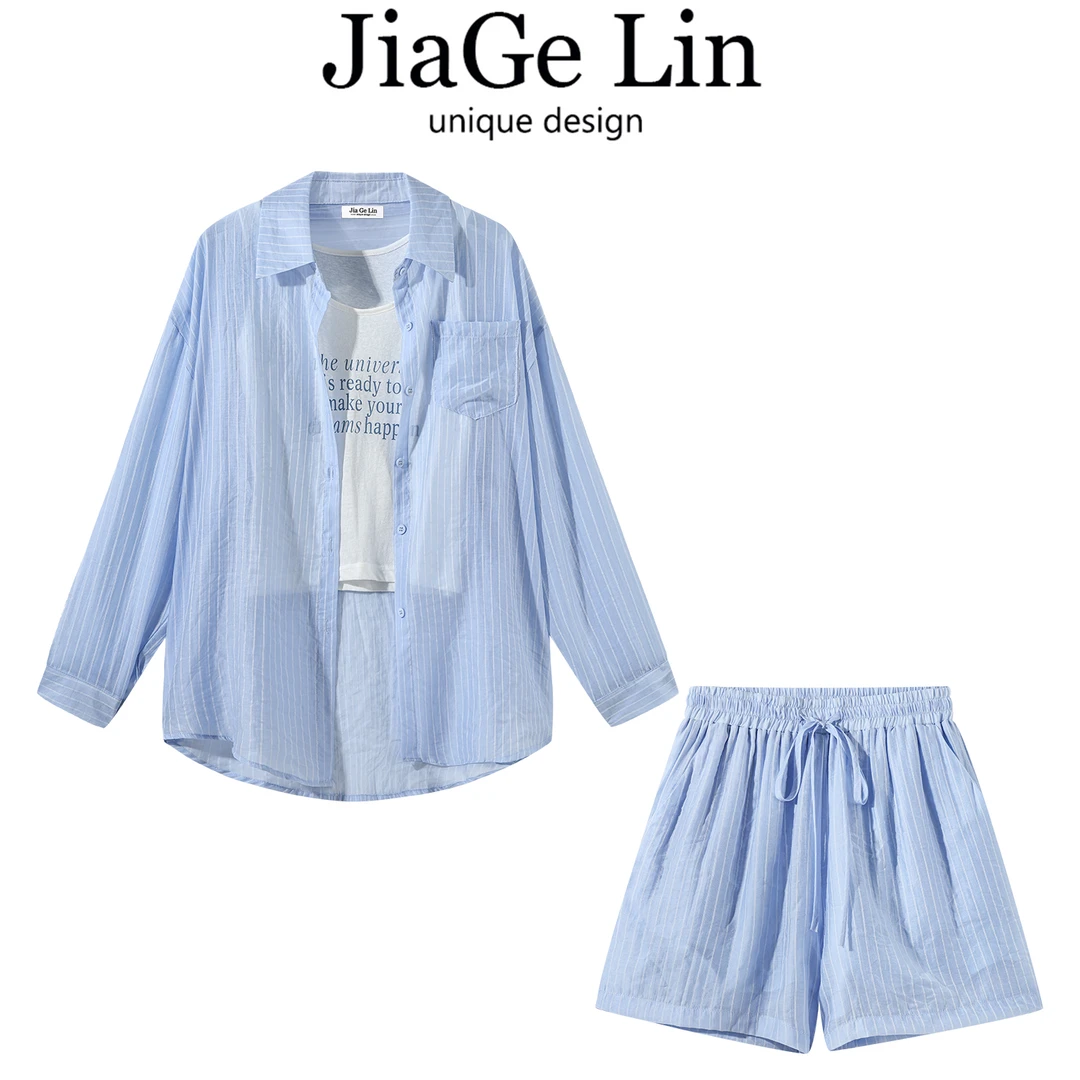 JiaGeLin韩系设计感条纹衬衫吊带背心短裤三件套女夏休闲气质套装